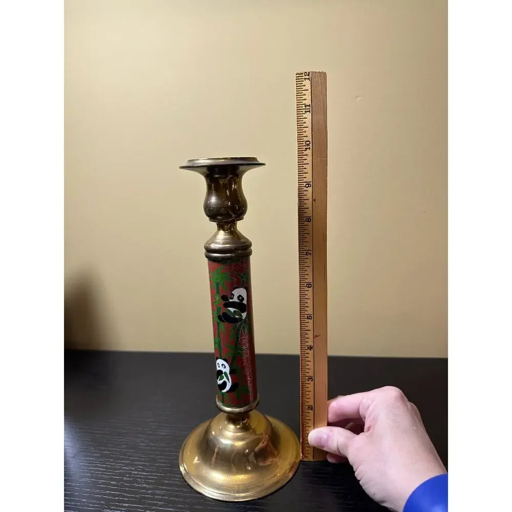 Vintage Brass Cloisonne Panda Bamboo Taper Candlestick Holder Red Enamel 9.5 in.